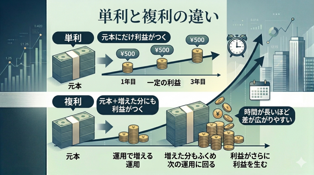 単利と複利の違いを説明する図