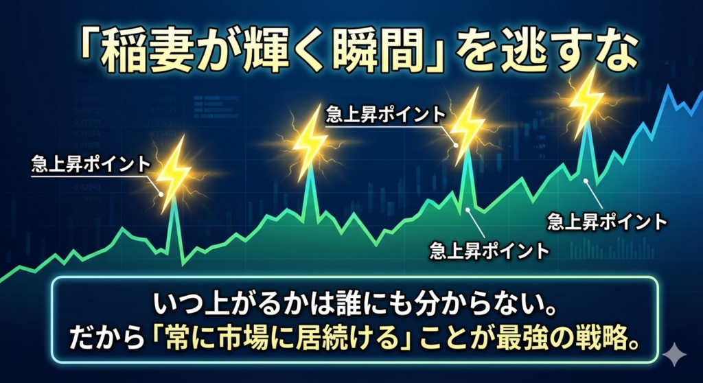 投資における「稲妻が輝く瞬間を逃すな」を表した図