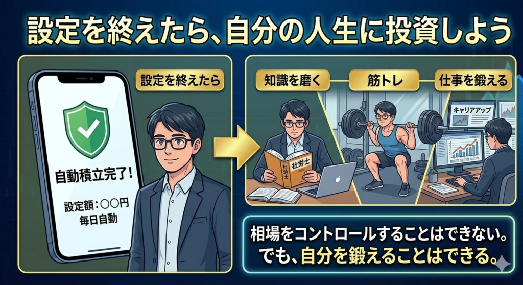 投資設定を終えた後は自分の人生への投資に時間を使うべきことを示す図